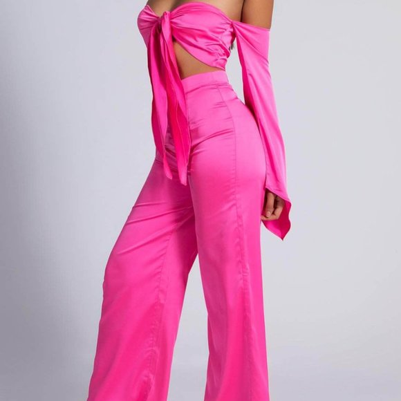 MESHKI FUSIA PINK SATIN PANTS SET - Picture 7 of 7